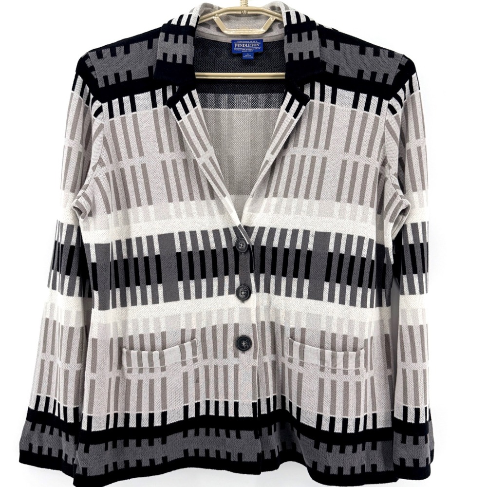 Pendleton Cardigan Womens Large Petite Gray Linen Cotton Geometric Button Up